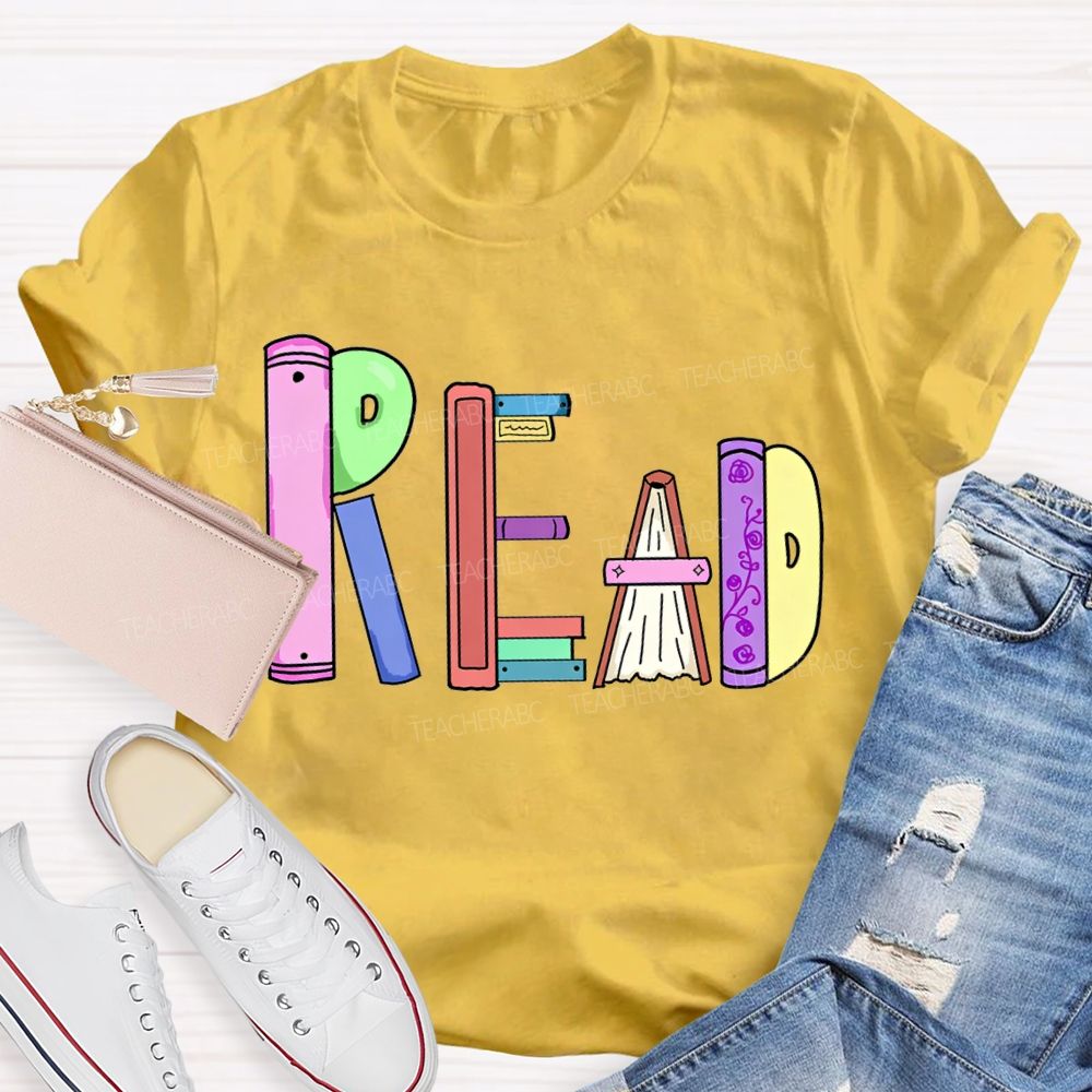 Read Colorful Bookshelf Font T-shirt