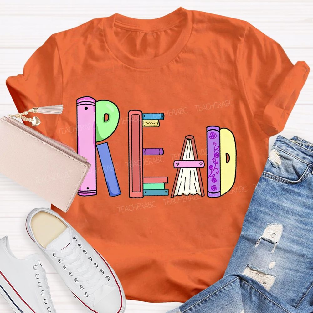 Read Colorful Bookshelf Font T-shirt
