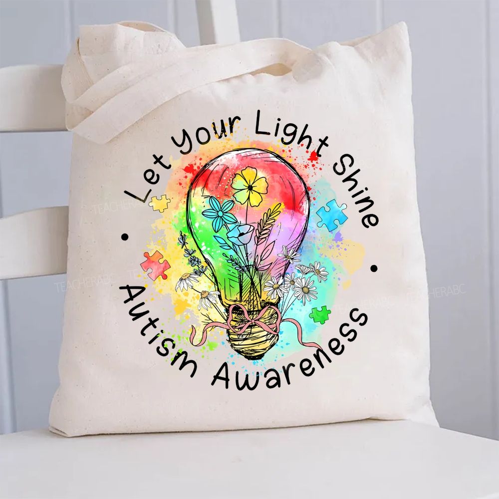 Let Your Light Shine Autism Awareness Colorful Light Bulb  Canvas Tote Bag