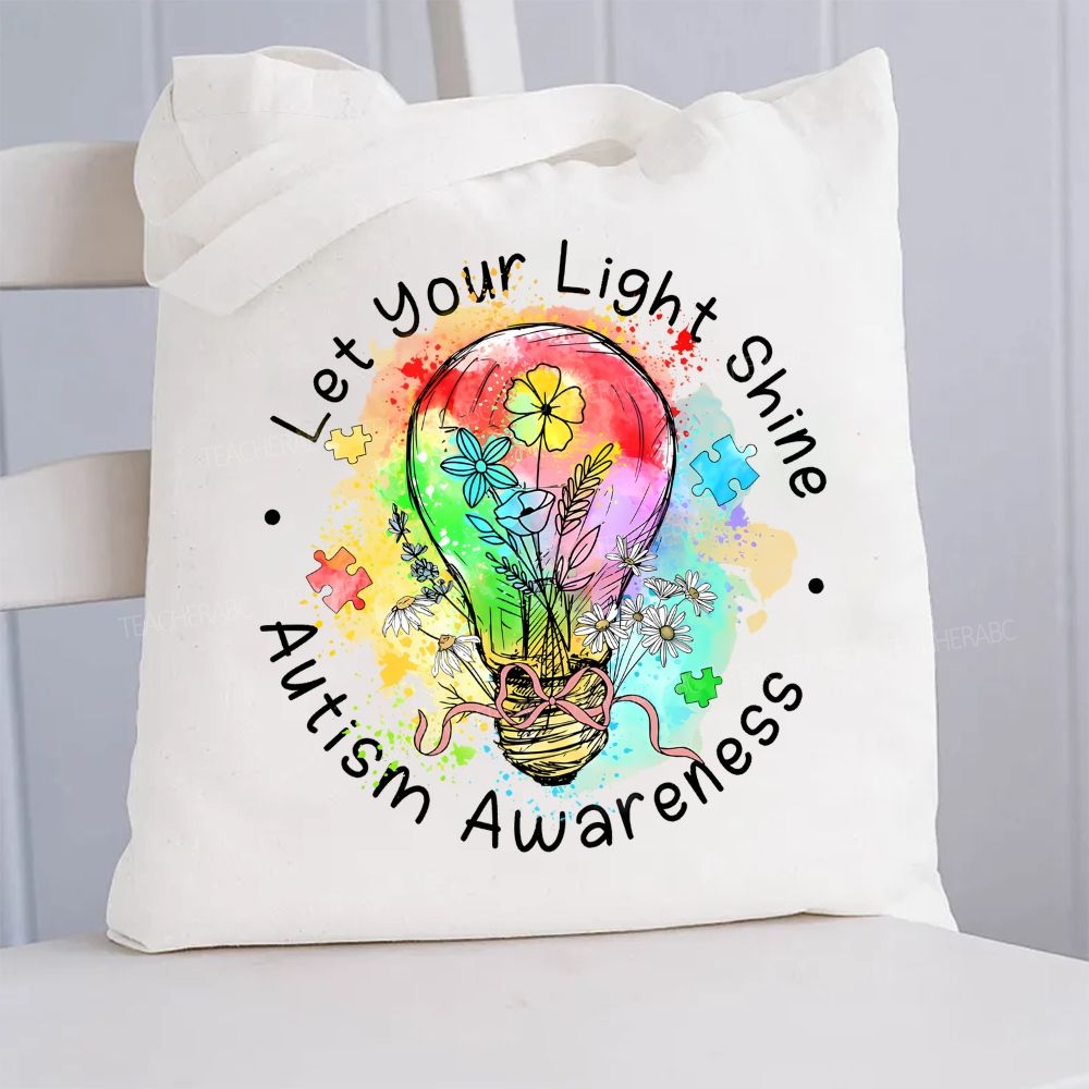 Let Your Light Shine Autism Awareness Colorful Light Bulb  Canvas Tote Bag