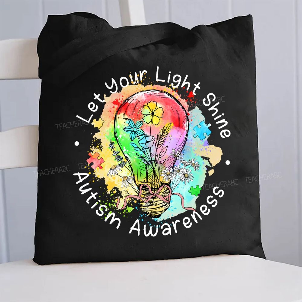 Let Your Light Shine Autism Awareness Colorful Light Bulb  Canvas Tote Bag
