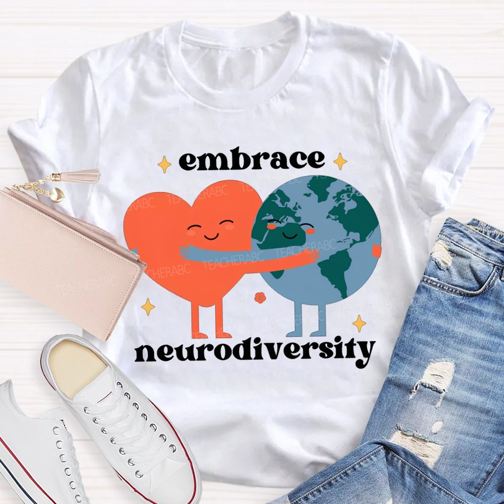Embrace Neurodiversity Peach Heart Embraces Earth T-shirt