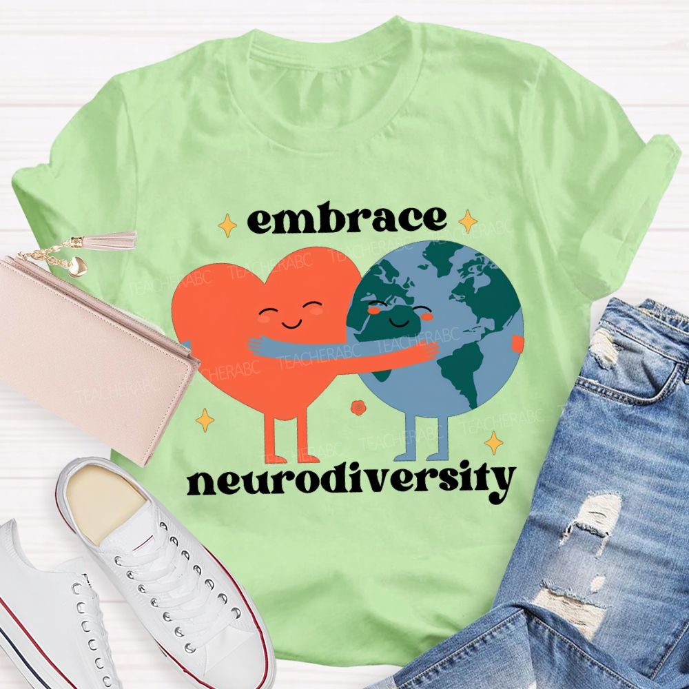 Embrace Neurodiversity Peach Heart Embraces Earth T-shirt