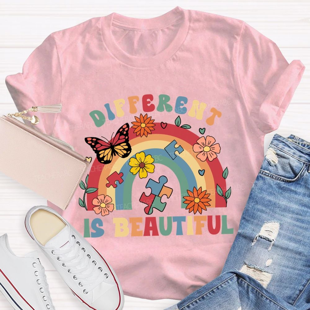 Different Is Beautiful Rainbow Butterfly Teacher T-shirt