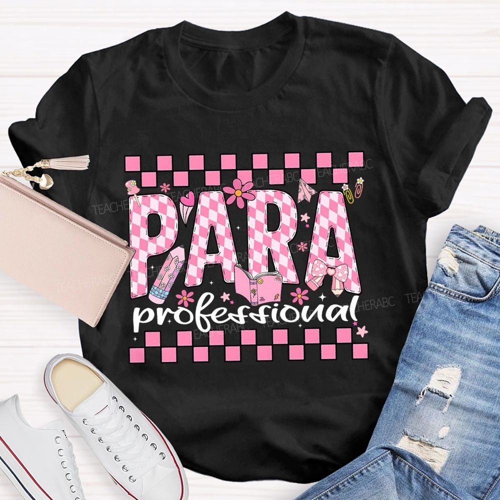 Para Professional Pink Floral Checkered Fonts T-shirt