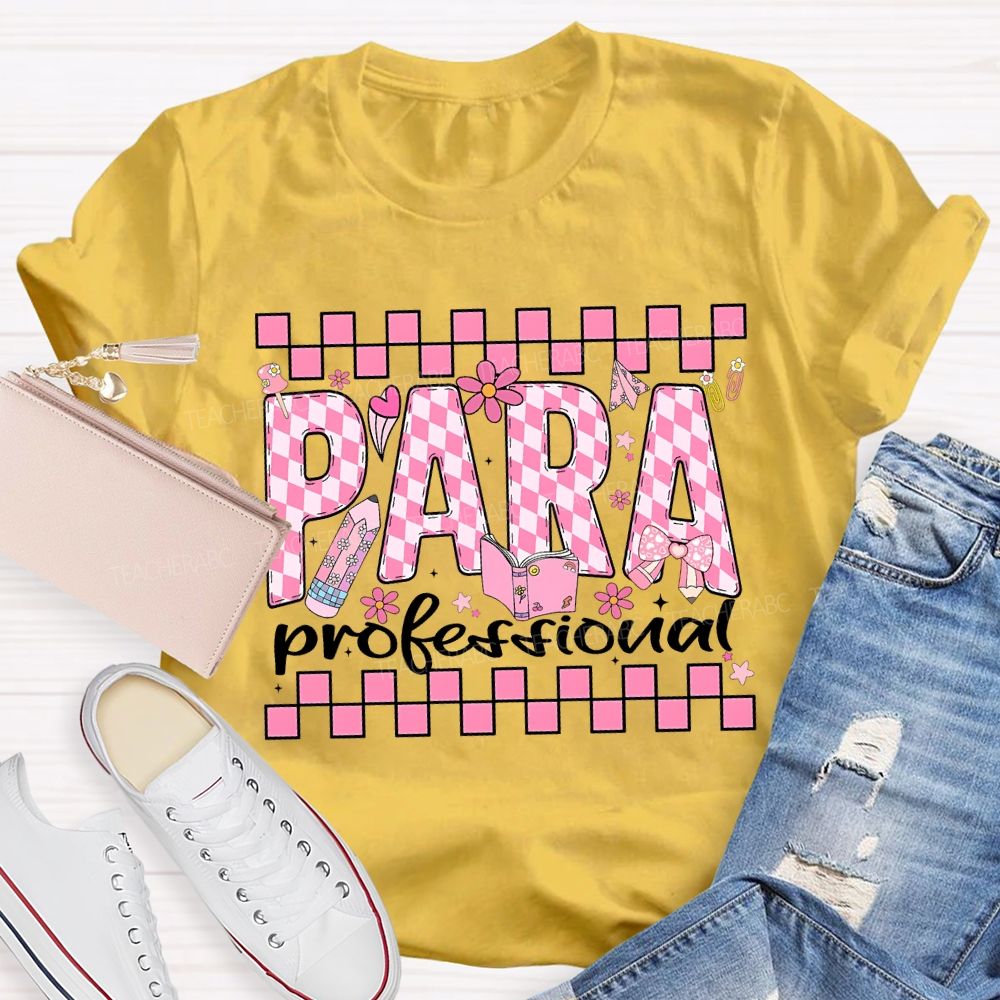 Para Professional Pink Floral Checkered Fonts T-shirt