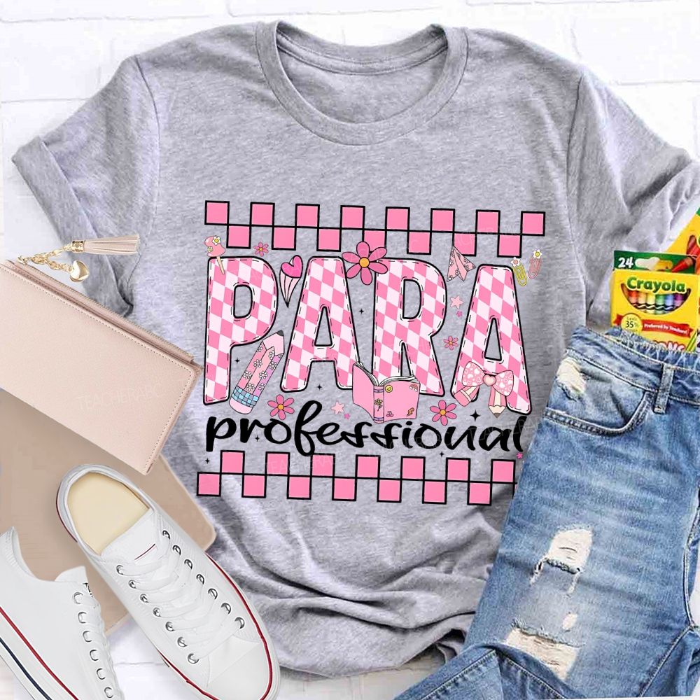Para Professional Pink Floral Checkered Fonts T-shirt