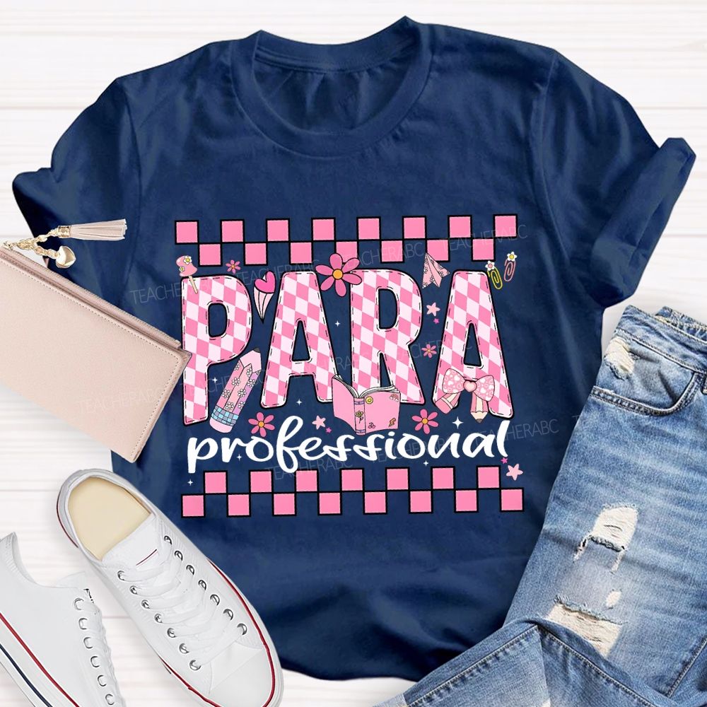 Para Professional Pink Floral Checkered Fonts T-shirt
