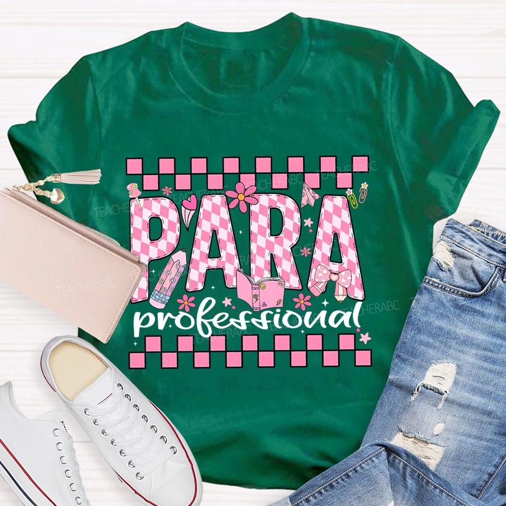 Para Professional Pink Floral Checkered Fonts T-shirt