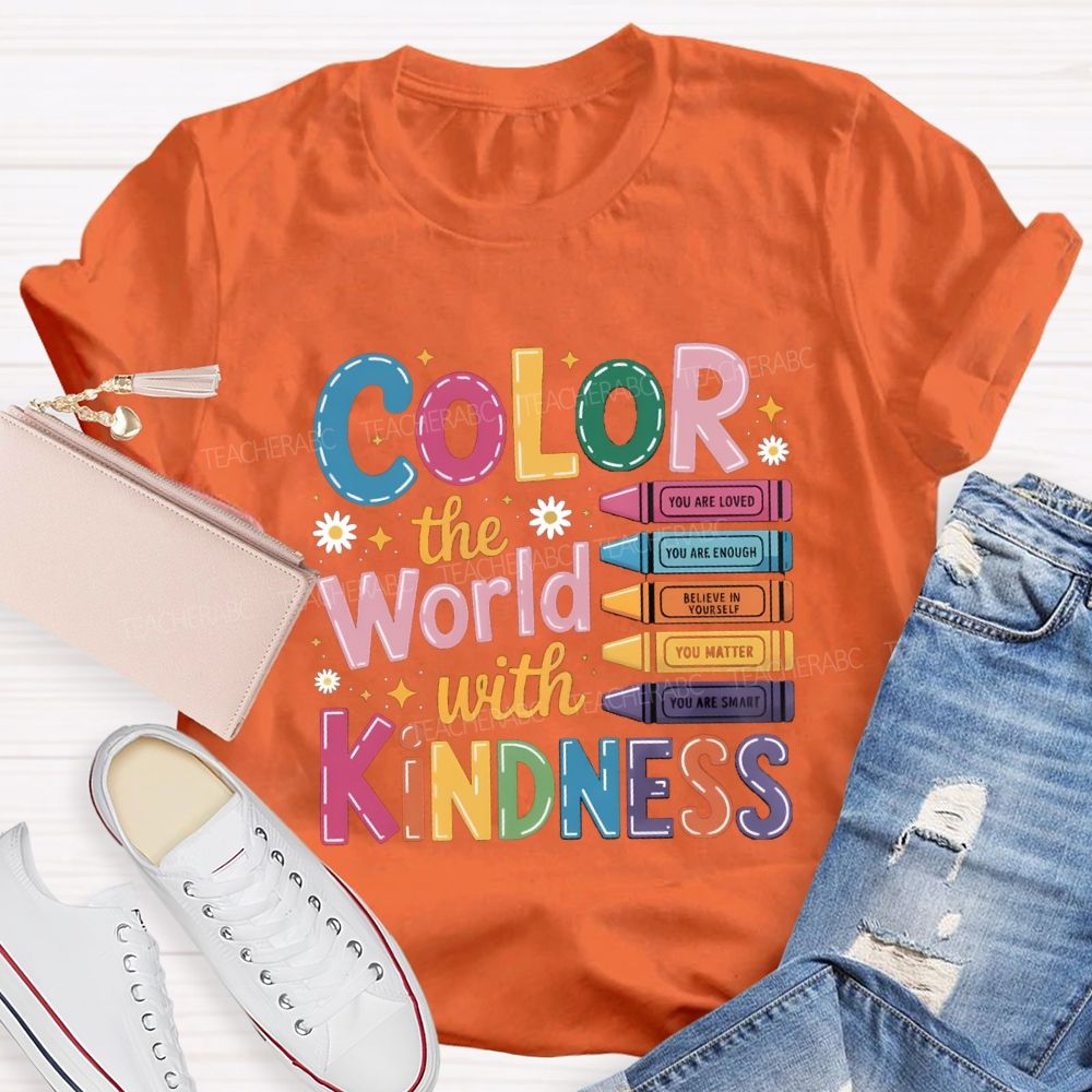 Color The World With Kindness Floral Colorful Crayon Teacher T-Shirt