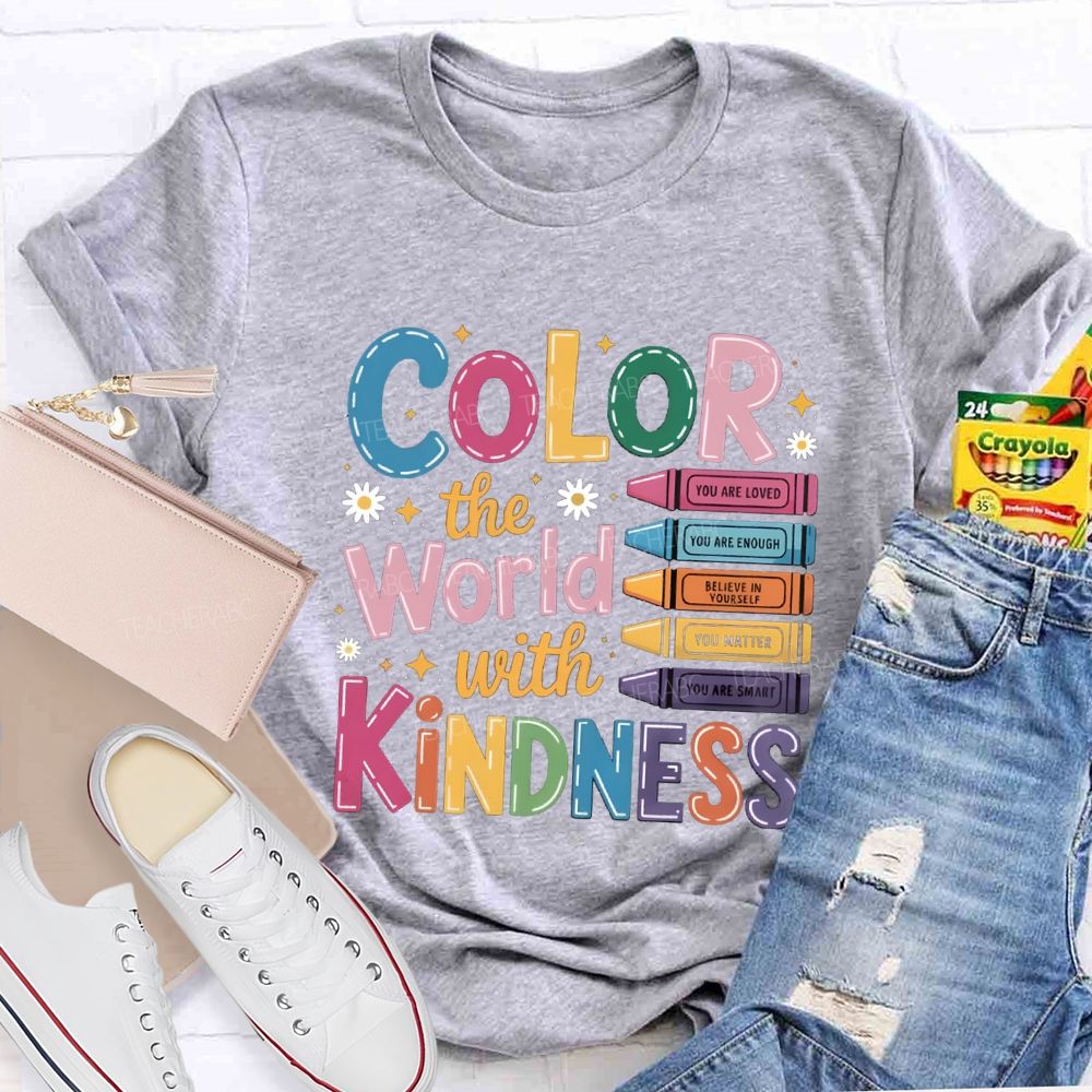 Color The World With Kindness Floral Colorful Crayon Teacher T-Shirt
