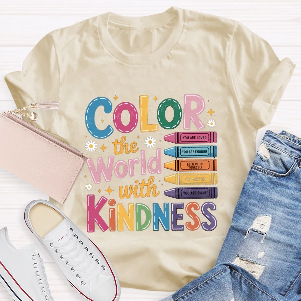 Color The World With Kindness Floral Colorful Crayon Teacher T-Shirt