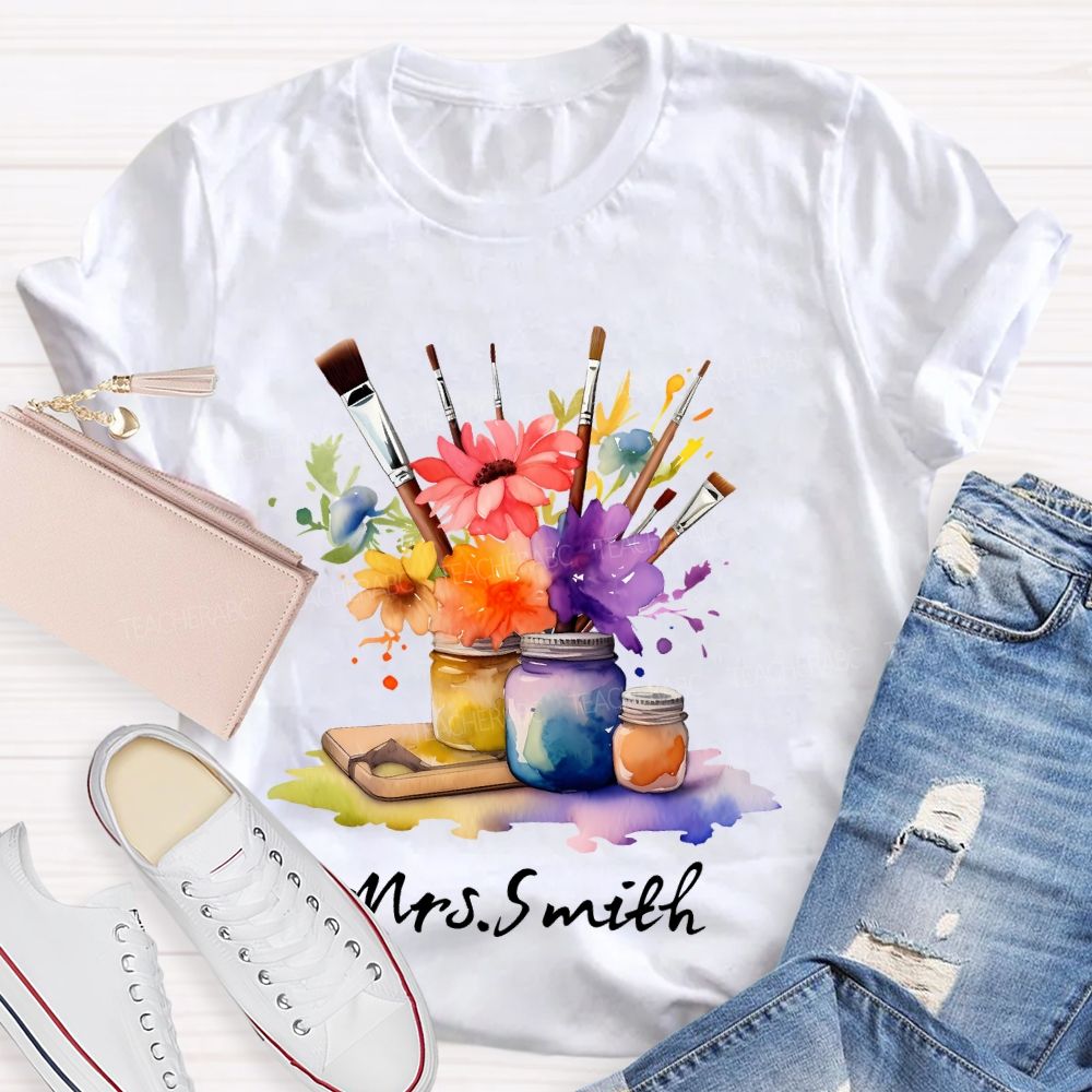 Personalized   Name Paintbrush  Flowers Teacher T-shirt