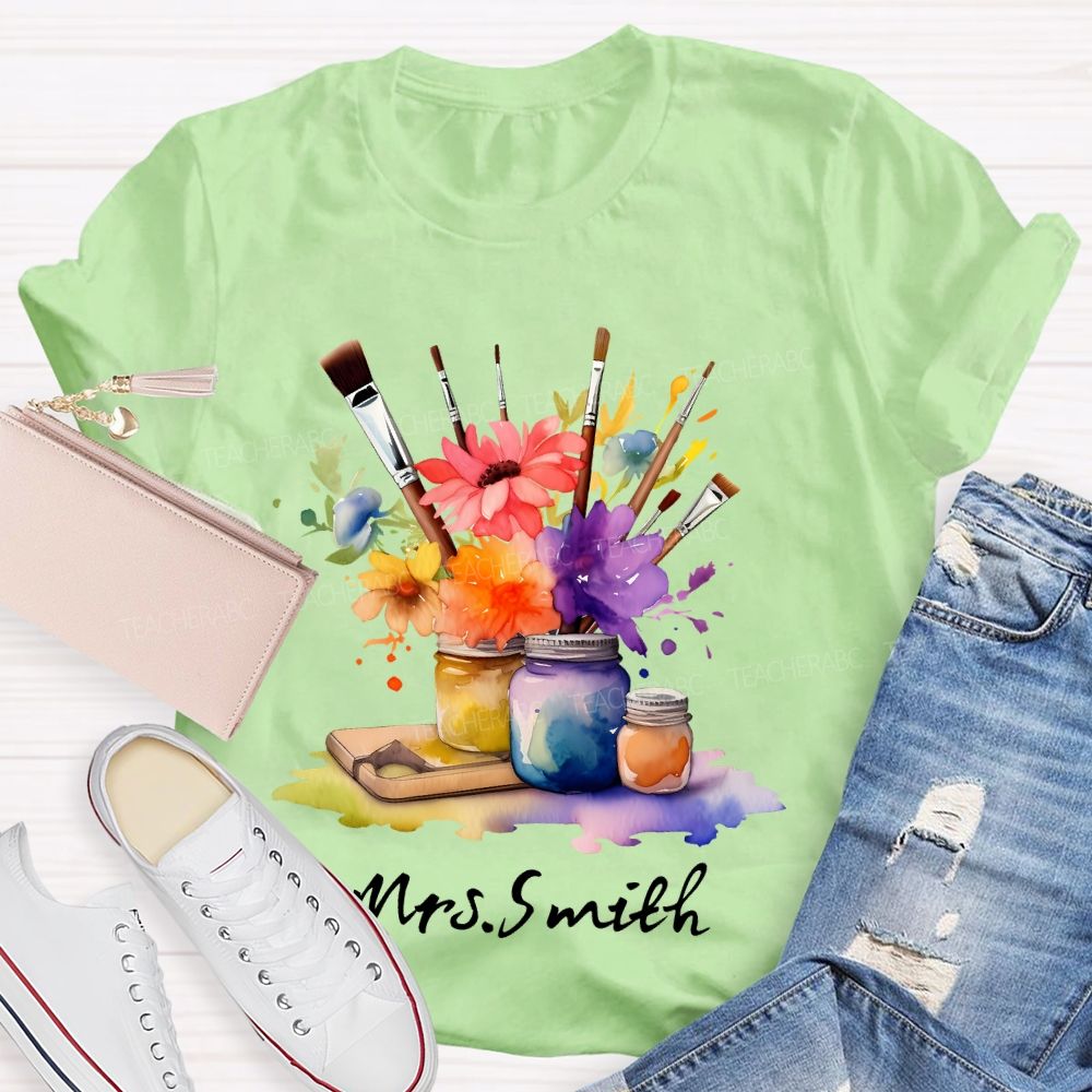 Personalized   Name Paintbrush  Flowers Teacher T-shirt