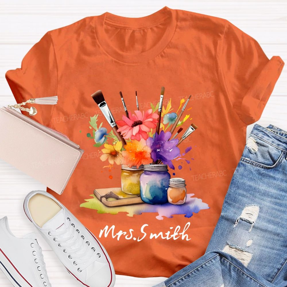 Personalized   Name Paintbrush  Flowers Teacher T-shirt