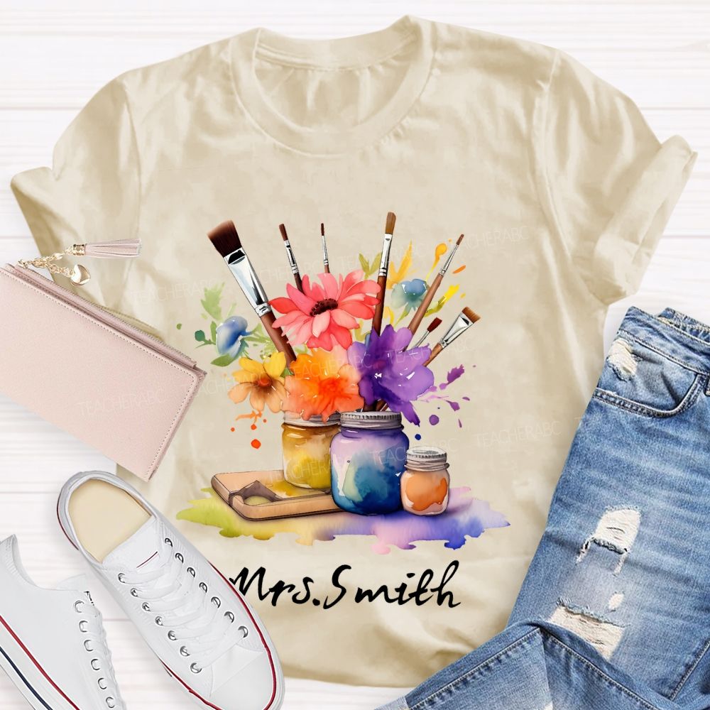 Personalized   Name Paintbrush  Flowers Teacher T-shirt