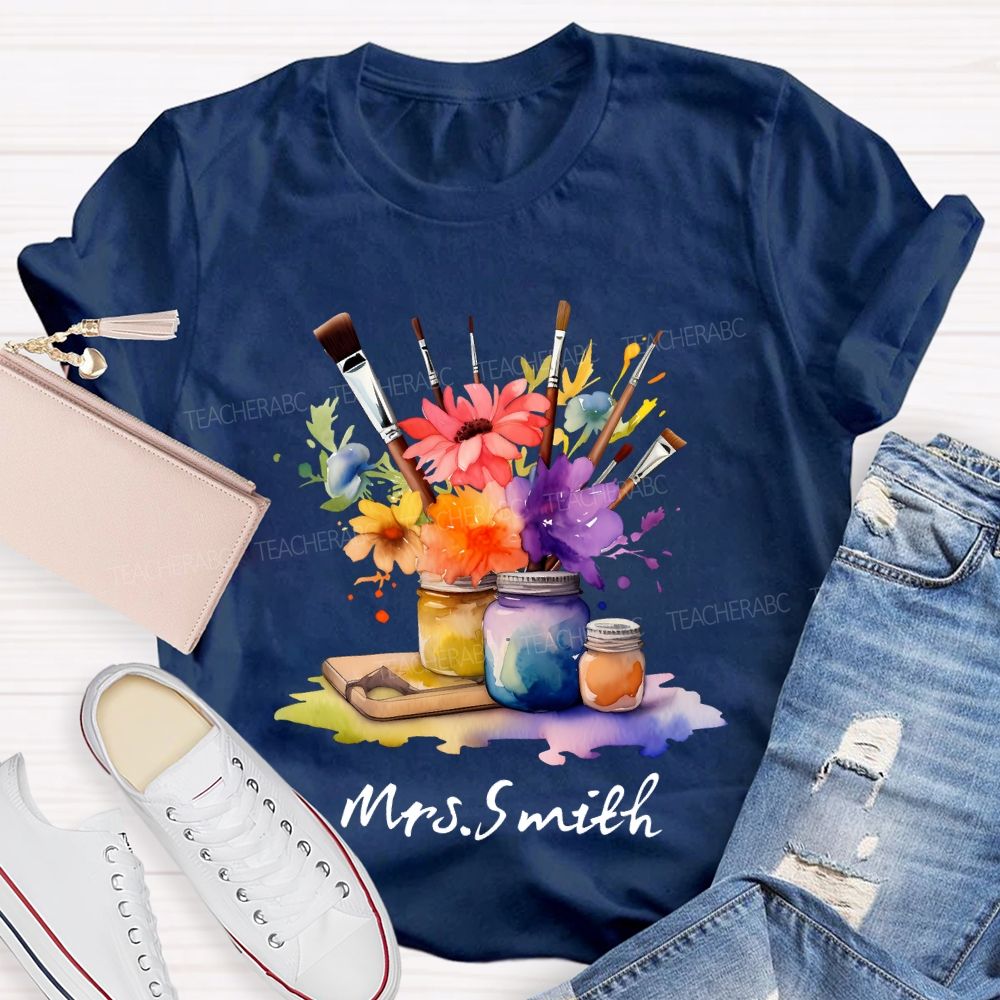 Personalized   Name Paintbrush  Flowers Teacher T-shirt