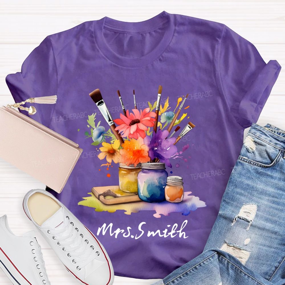 Personalized   Name Paintbrush  Flowers Teacher T-shirt