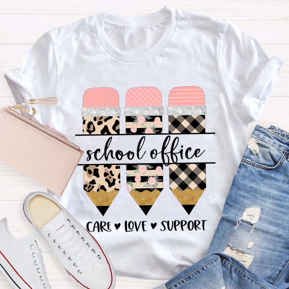 School Office Care Love Support Leopard Print Pencil T-shirt