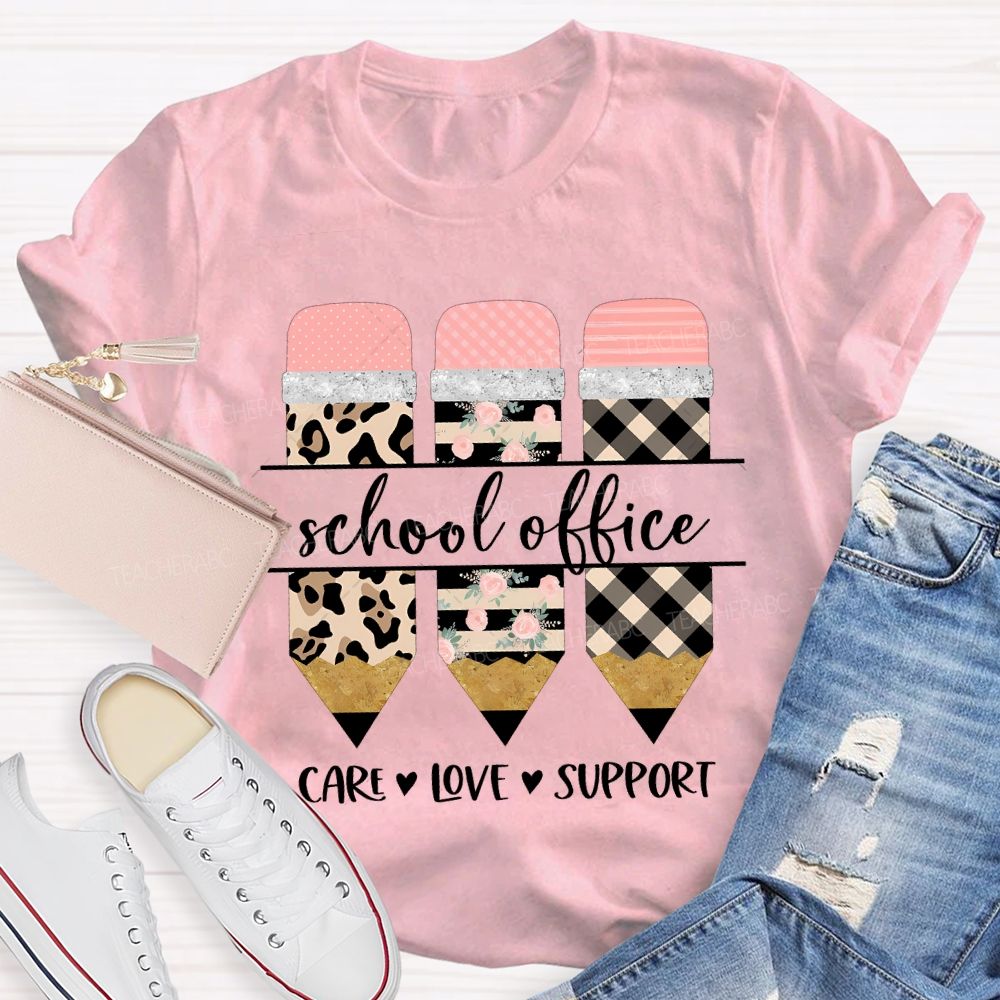 School Office Care Love Support Leopard Print Pencil T-shirt