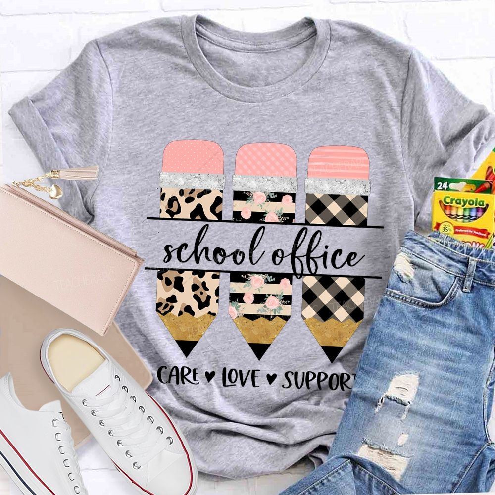 School Office Care Love Support Leopard Print Pencil T-shirt