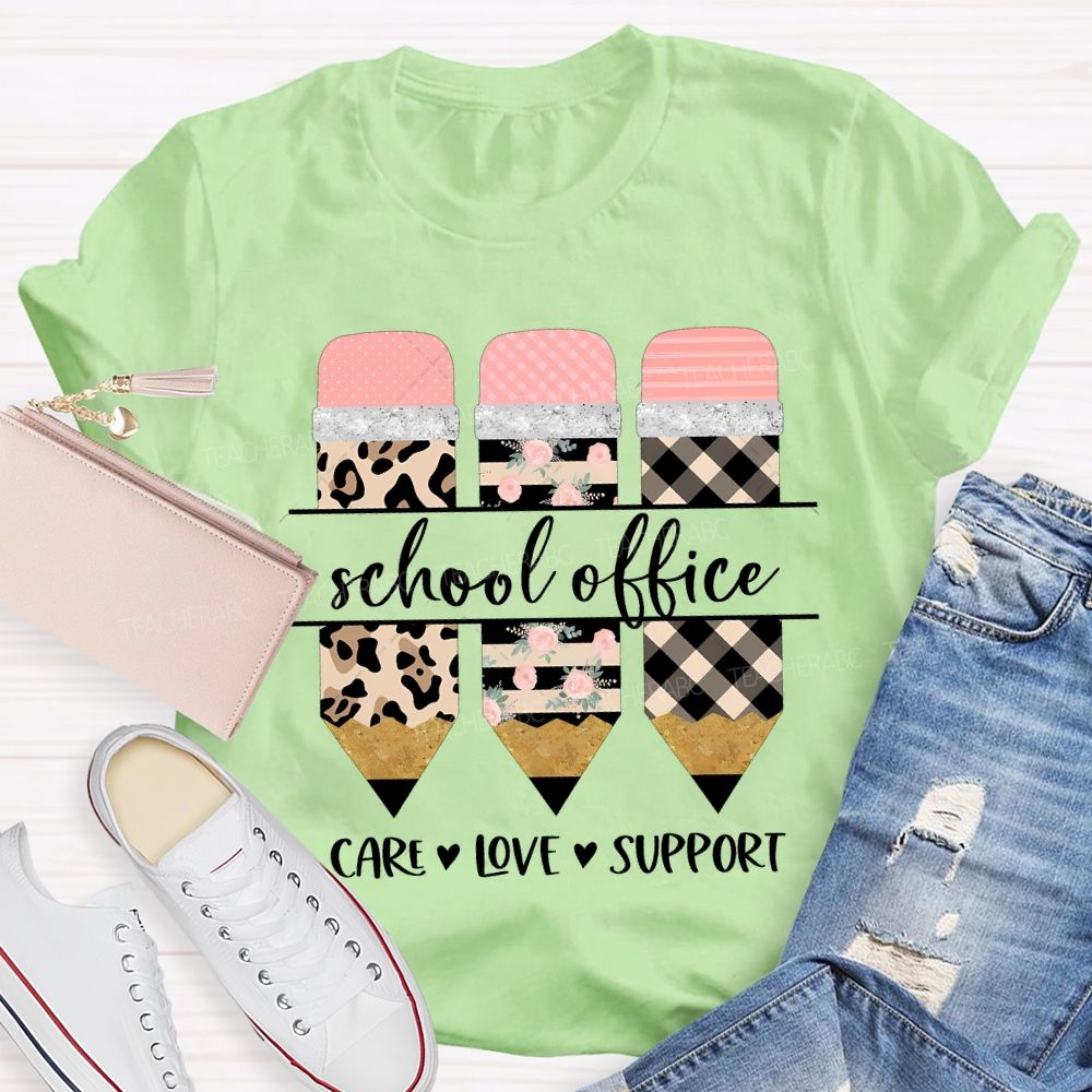 School Office Care Love Support Leopard Print Pencil T-shirt