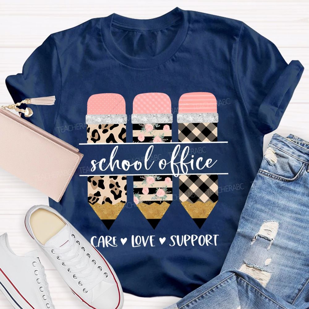 School Office Care Love Support Leopard Print Pencil T-shirt