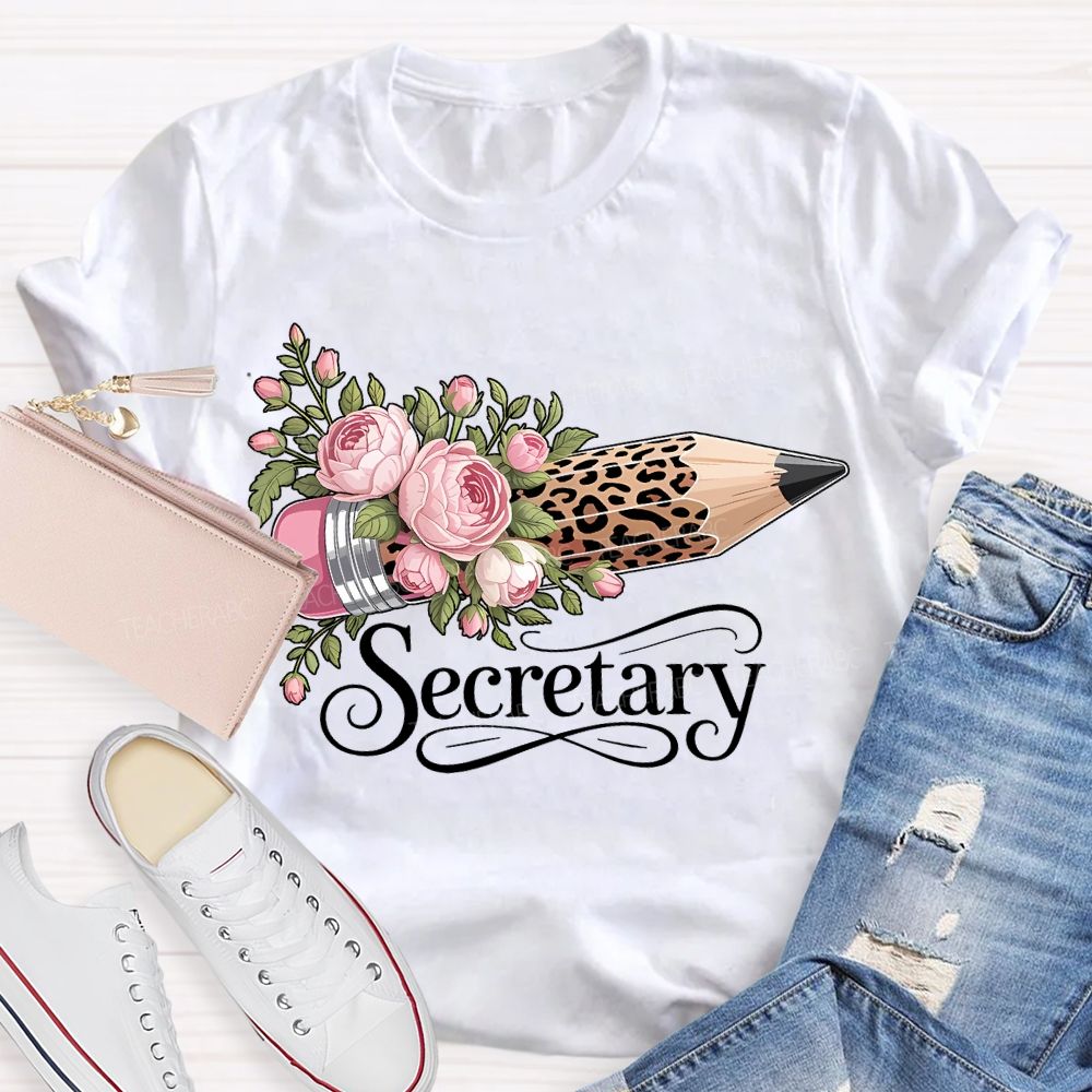 School Secretary Flower And Leopard Print Pencils T-shirt