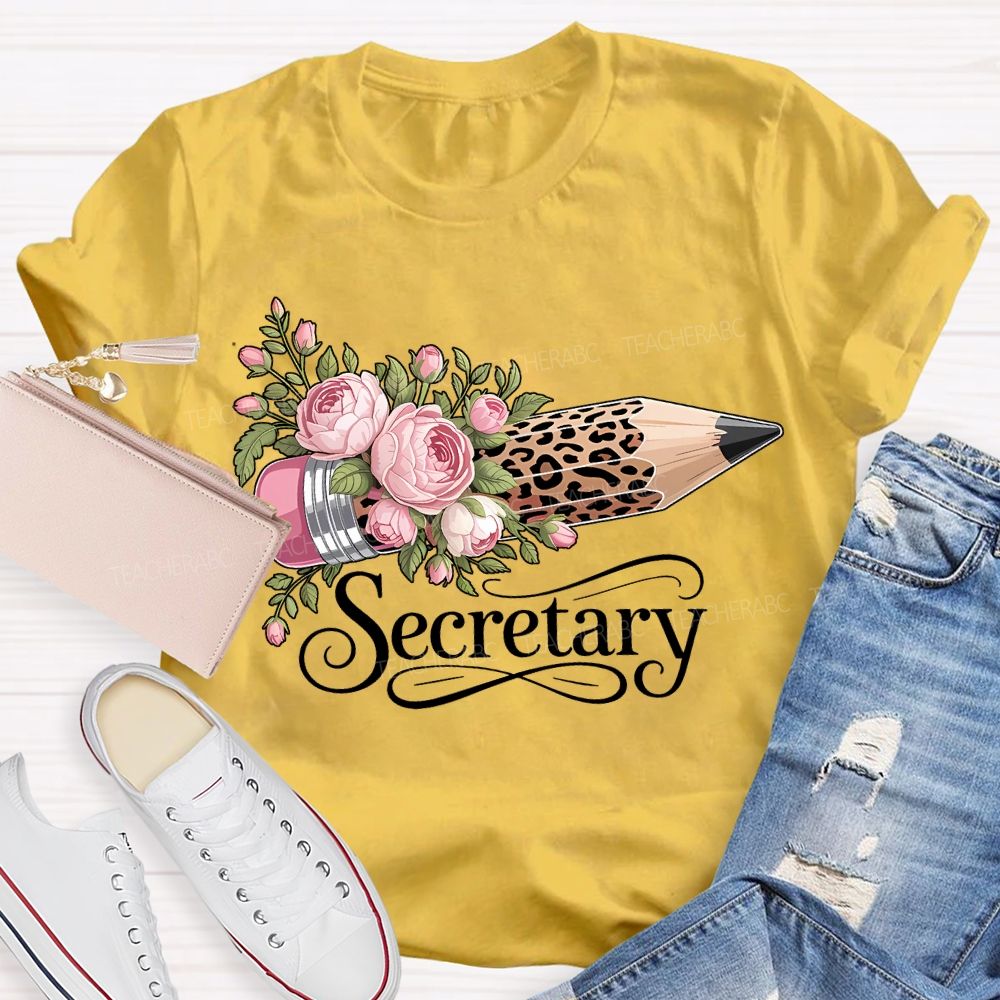 School Secretary Flower And Leopard Print Pencils T-shirt