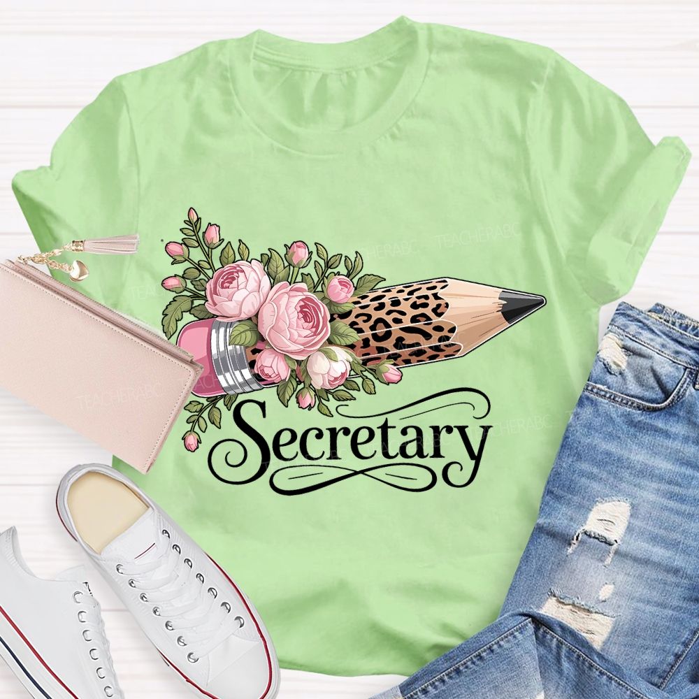School Secretary Flower And Leopard Print Pencils T-shirt