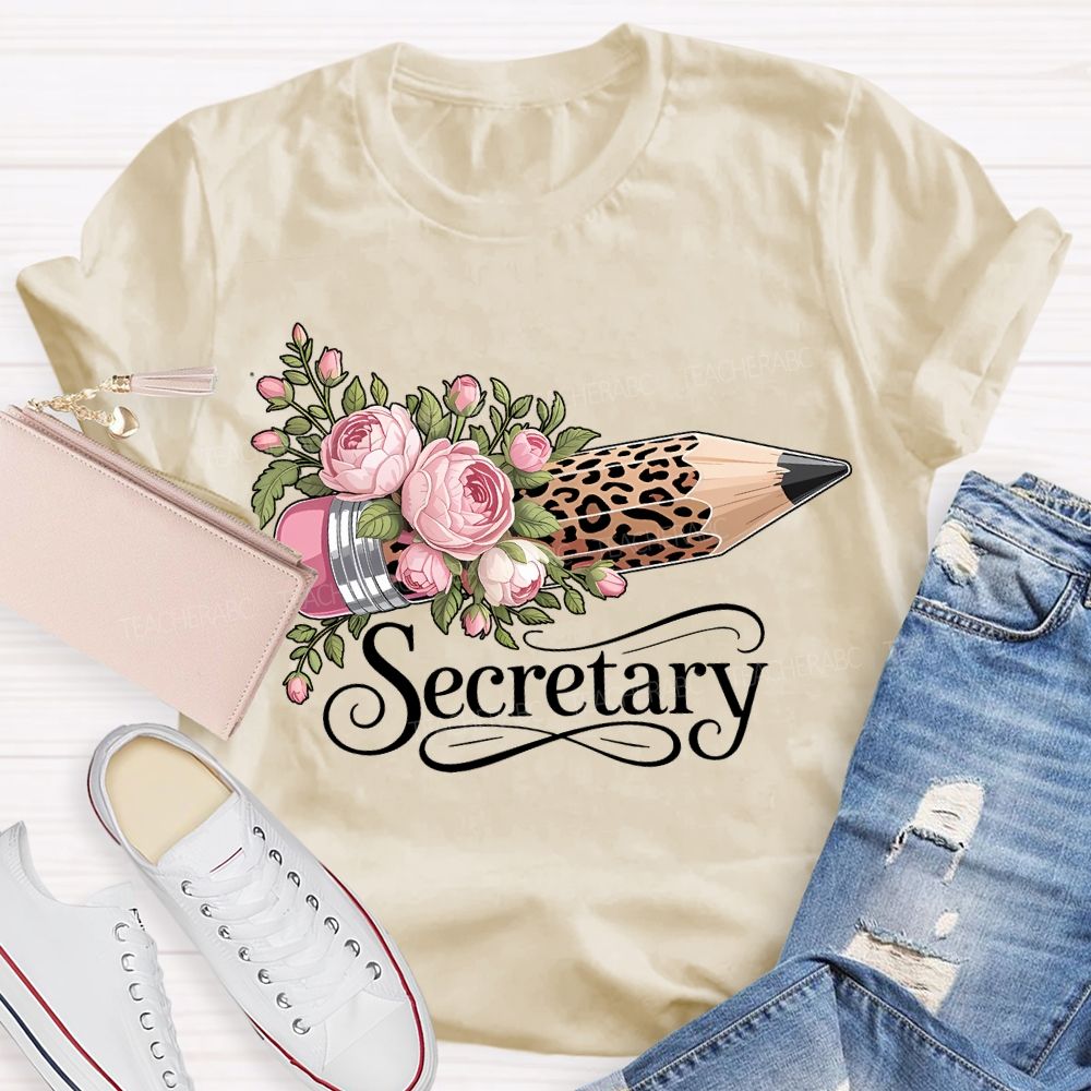 School Secretary Flower And Leopard Print Pencils T-shirt