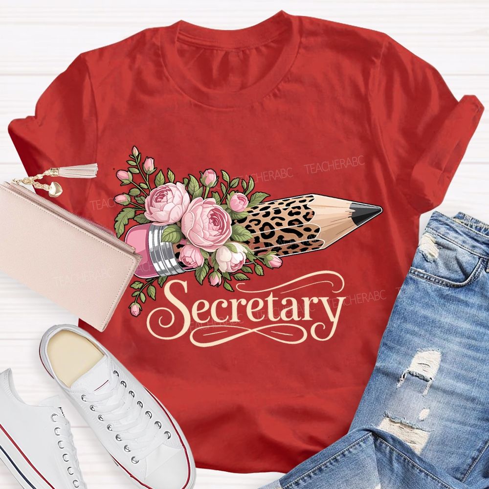 School Secretary Flower And Leopard Print Pencils T-shirt