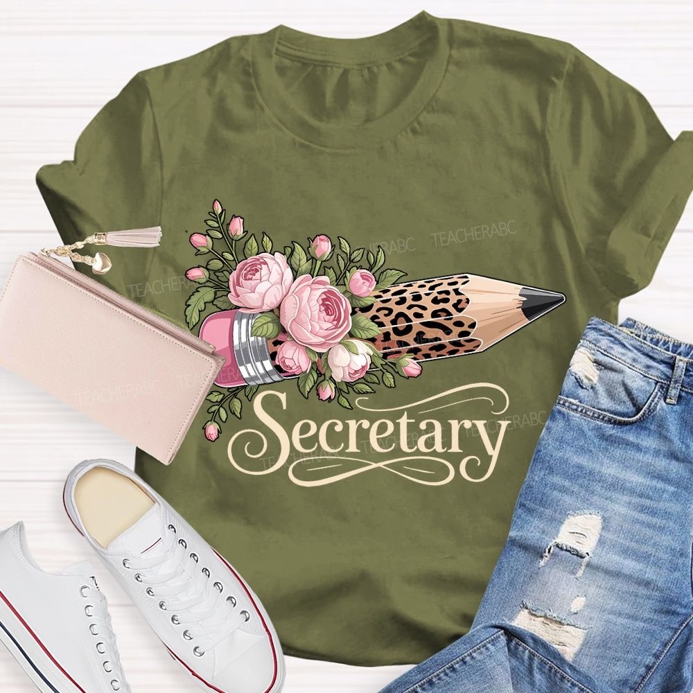 School Secretary Flower And Leopard Print Pencils T-shirt