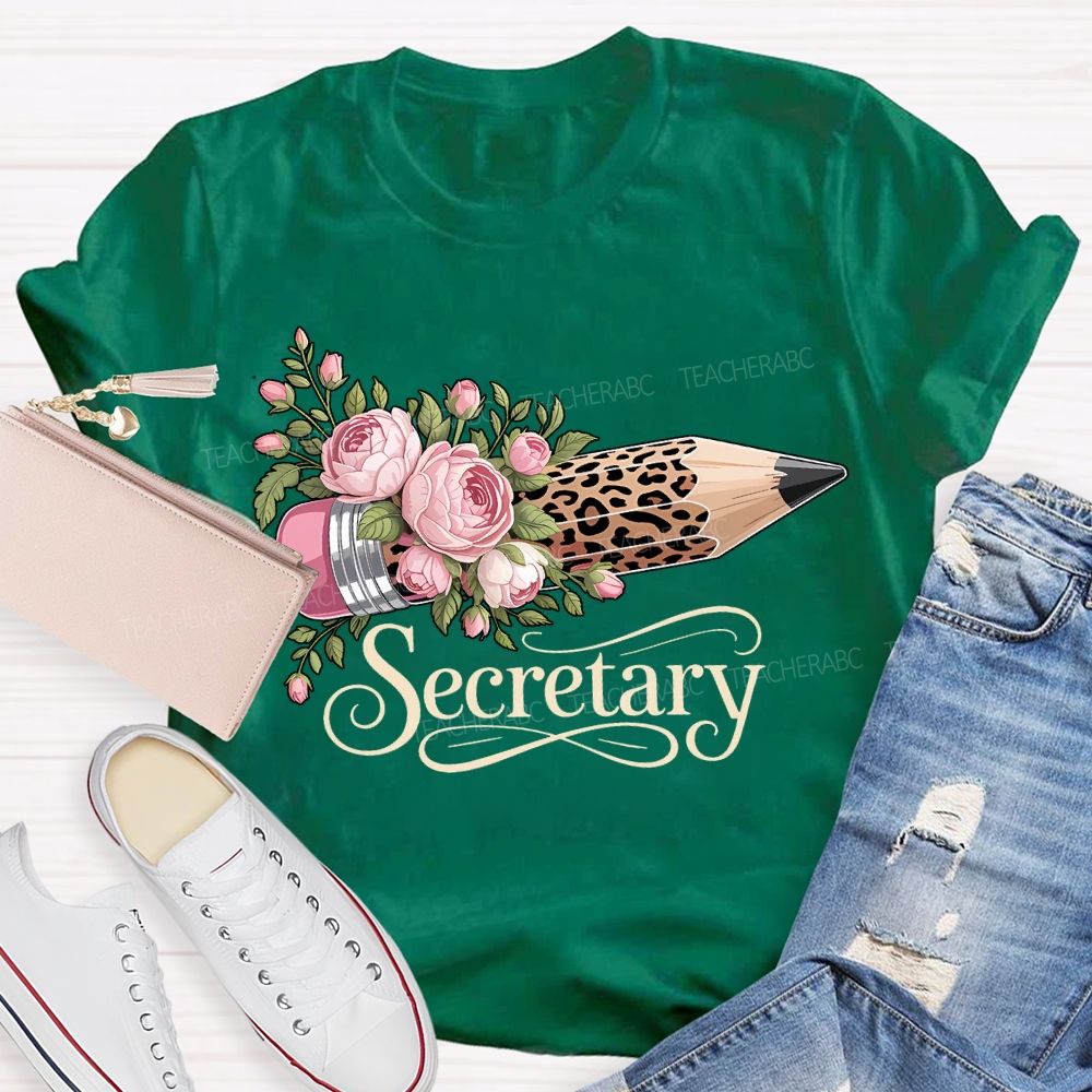 School Secretary Flower And Leopard Print Pencils T-shirt
