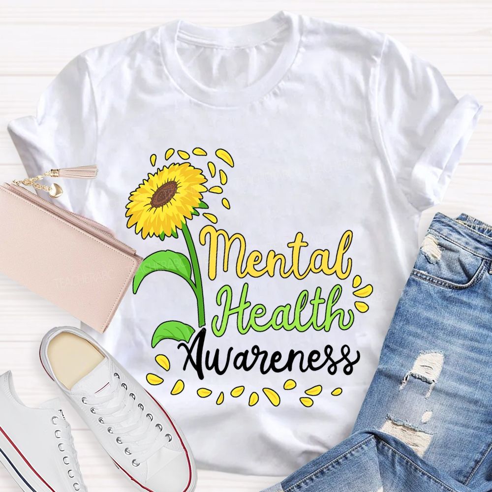 Mental Health Awareness Sunflower Print Teacher T-shirt