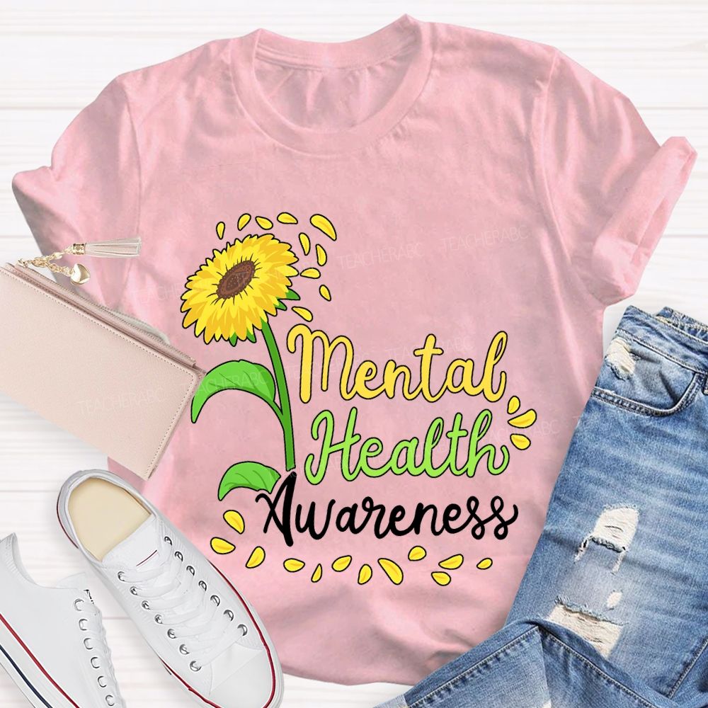 Mental Health Awareness Sunflower Print Teacher T-shirt