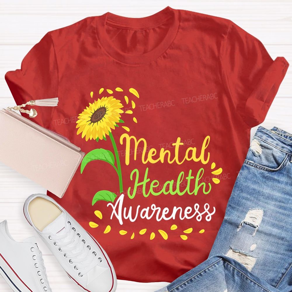 Mental Health Awareness Sunflower Print Teacher T-shirt