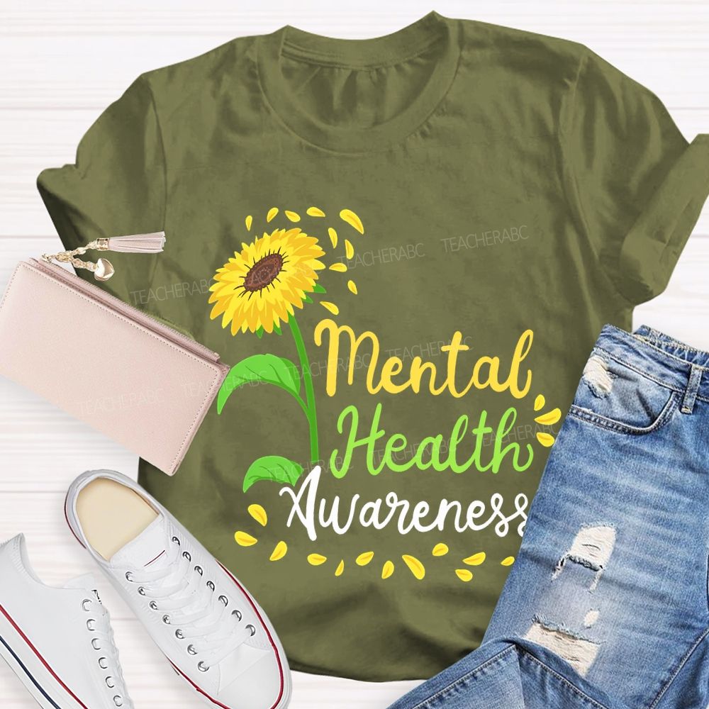 Mental Health Awareness Sunflower Print Teacher T-shirt