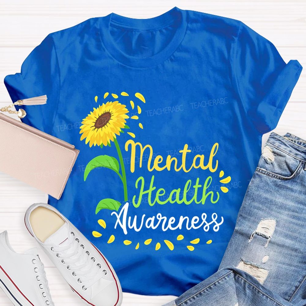 Mental Health Awareness Sunflower Print Teacher T-shirt