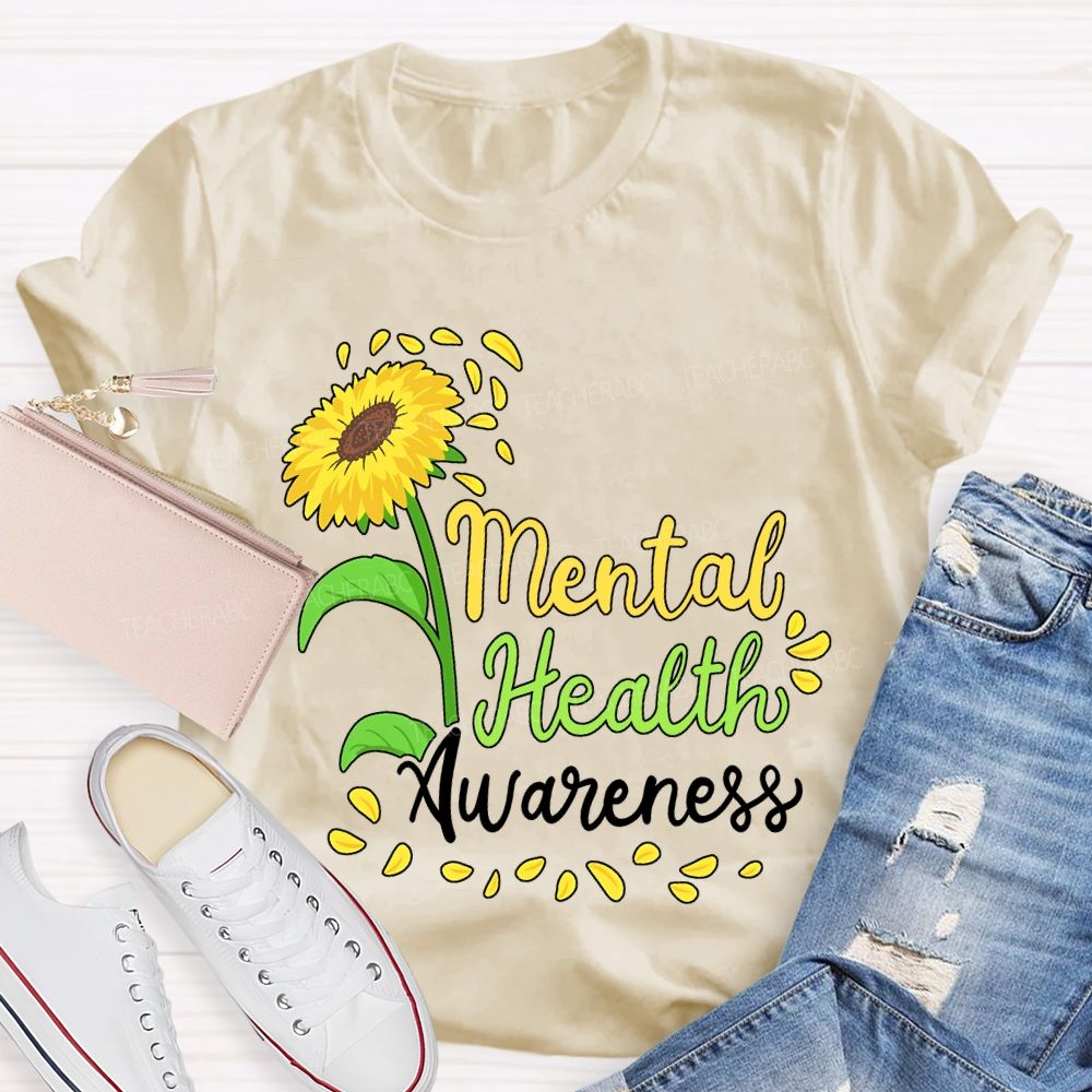 Mental Health Awareness Sunflower Print Teacher T-shirt