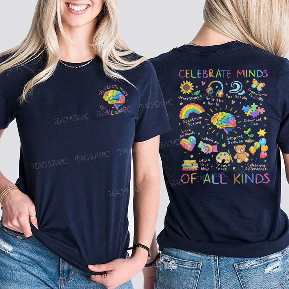 Celebrate Minds Of All Kinds Brain Graphics  Double Printed T-shirt