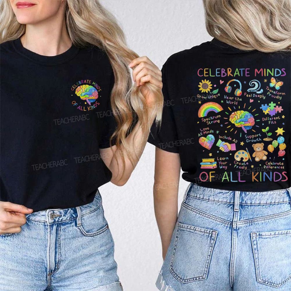 Celebrate Minds Of All Kinds Brain Graphics  Double Printed T-shirt