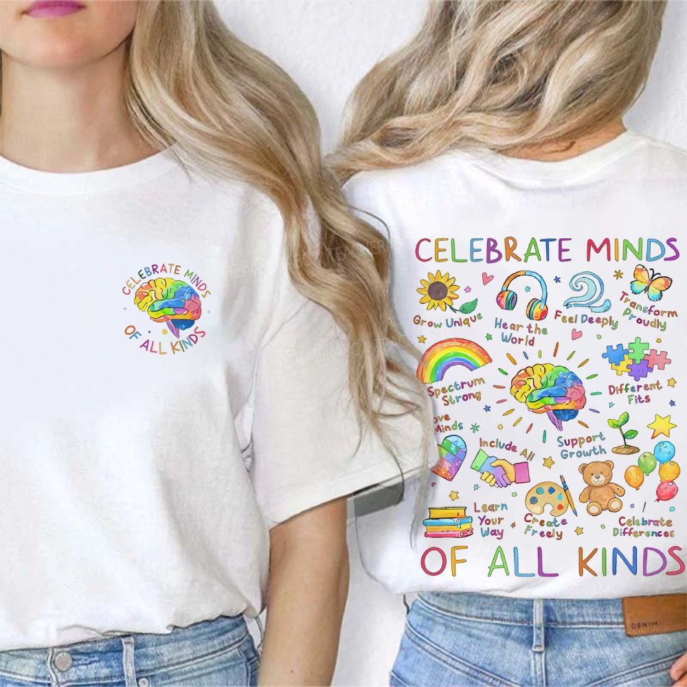 Celebrate Minds Of All Kinds Brain Graphics  Double Printed T-shirt