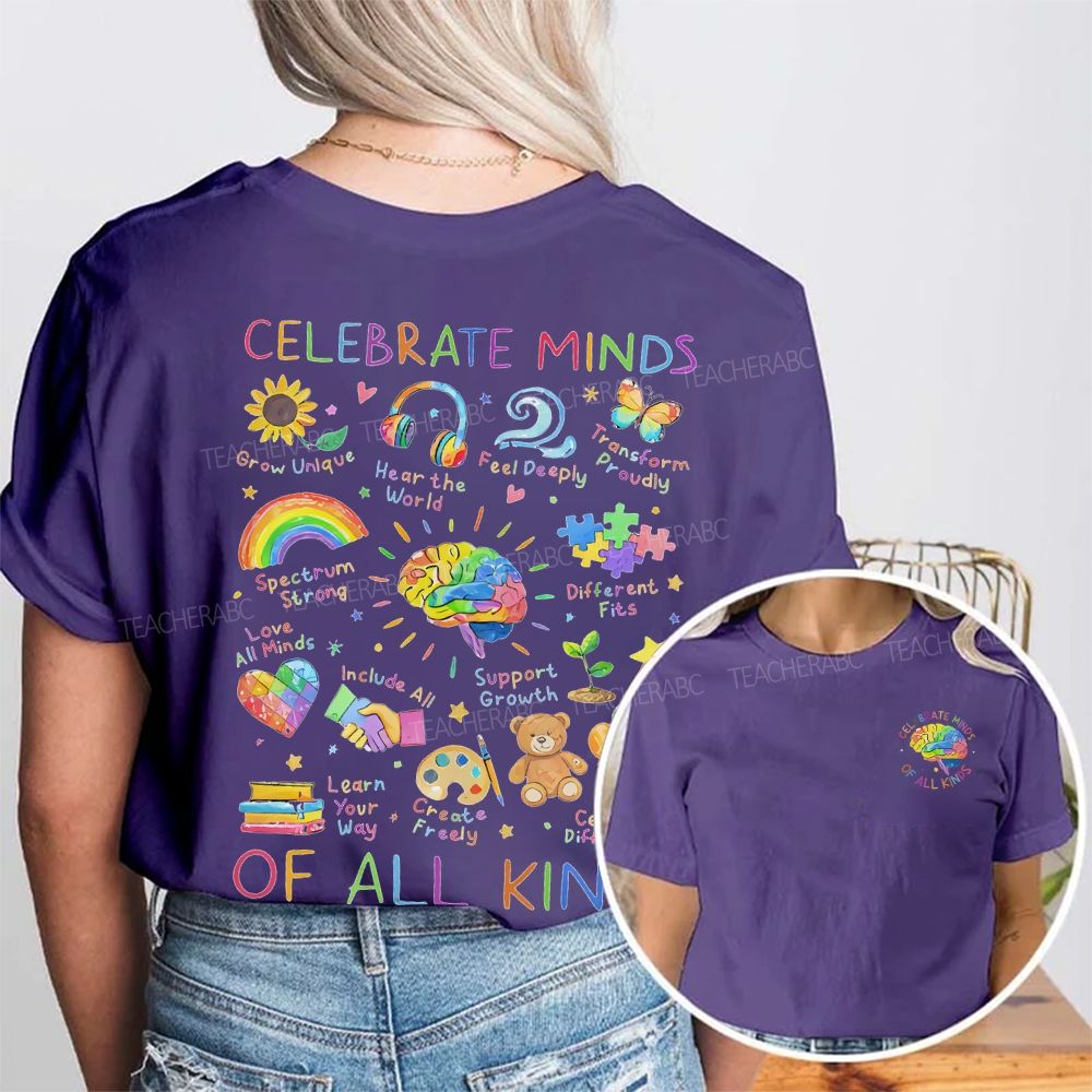 Celebrate Minds Of All Kinds Brain Graphics  Double Printed T-shirt