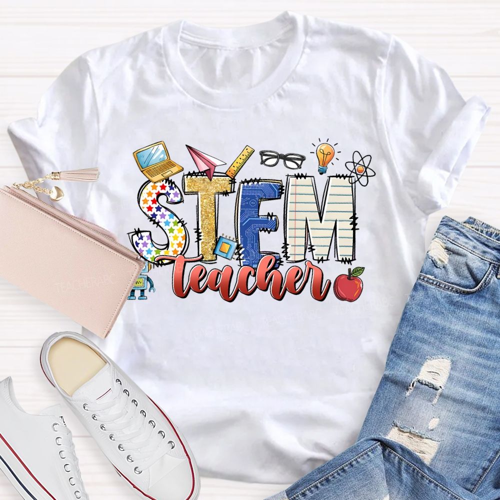 Stem Teacher Science Math Colored Fonts Teacher T-shirt