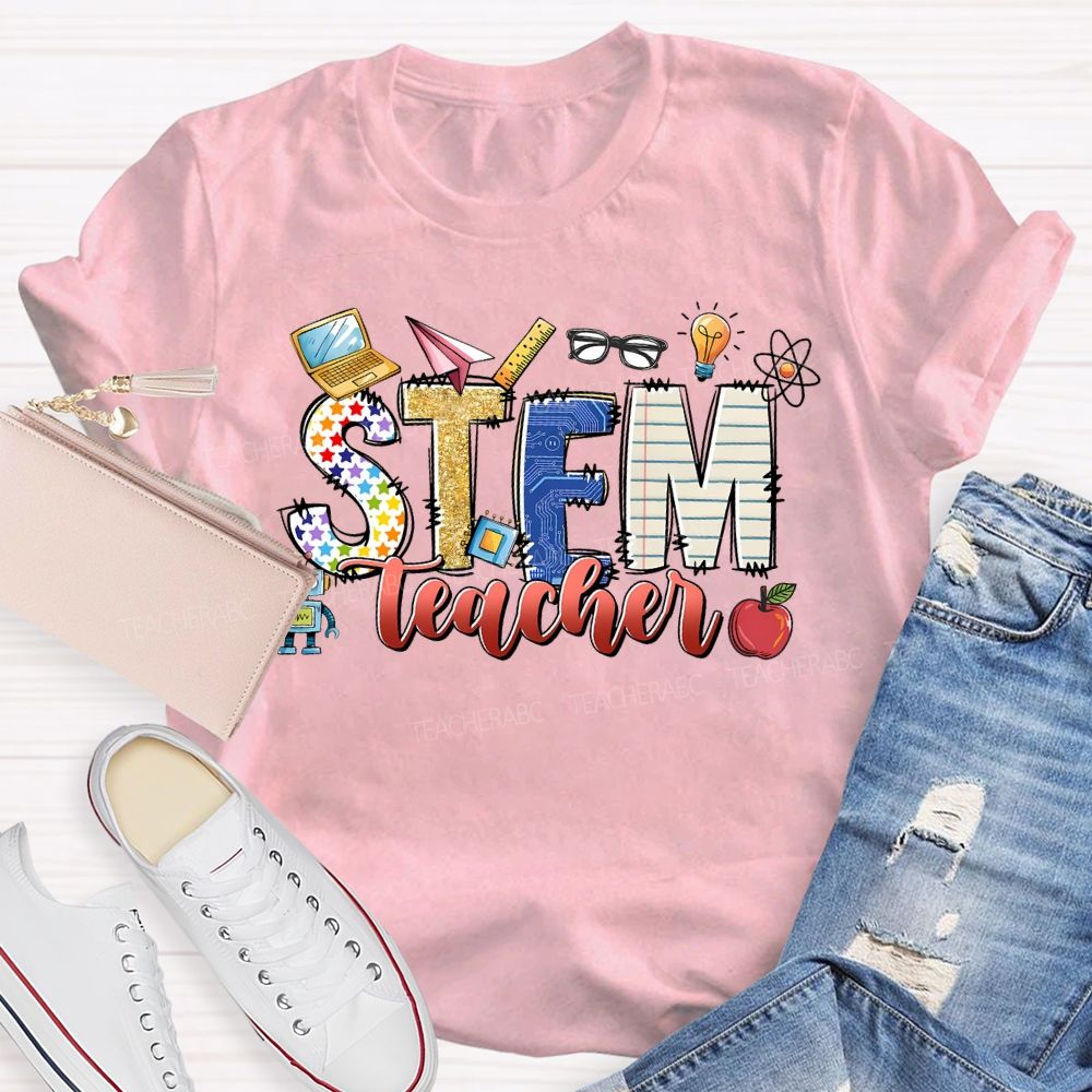 Stem Teacher Science Math Colored Fonts Teacher T-shirt