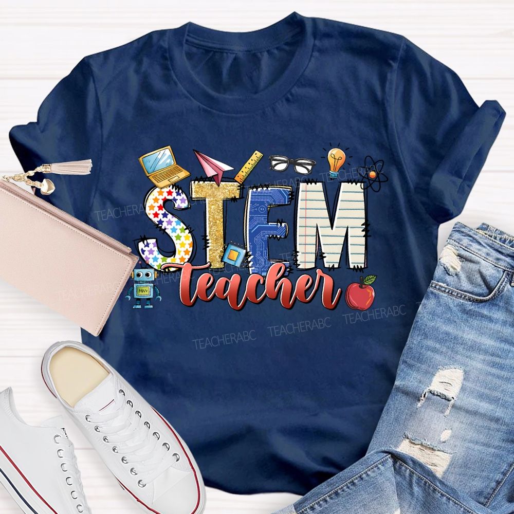 Stem Teacher Science Math Colored Fonts Teacher T-shirt