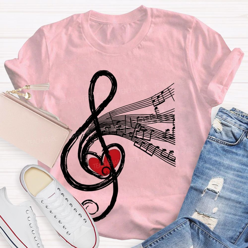 Musical Notes Heart Graphic  Teacher T-shirt