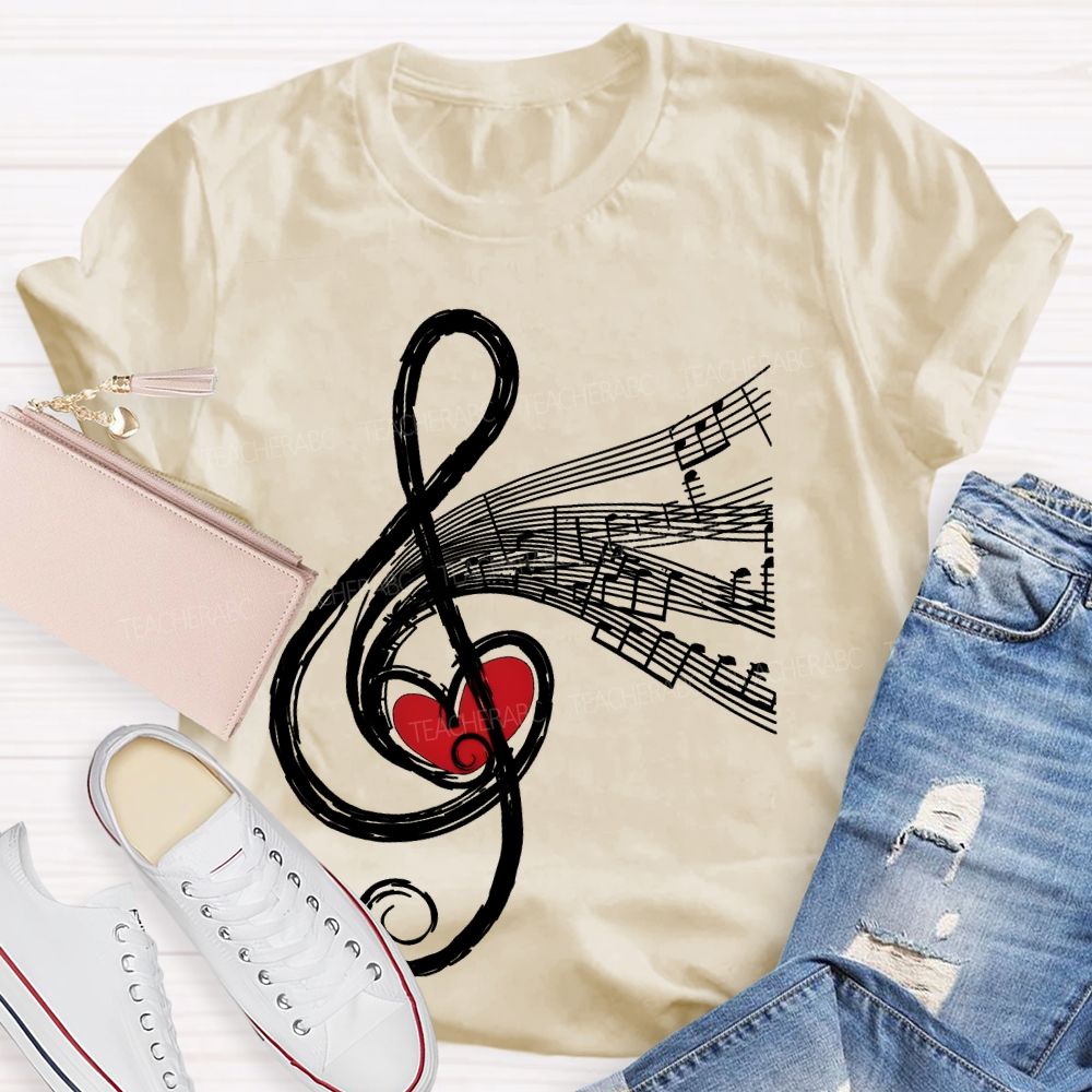 Musical Notes Heart Graphic  Teacher T-shirt