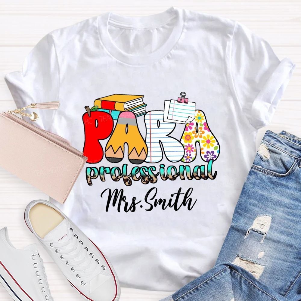 Personalized Name Paraprofessional Red Apple Pencil Strip Teacher T-Shirt
